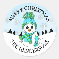 Cute Blue Snowman and Snowflakes Christmas Holiday Classic Round Sticker