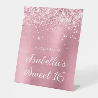 Glittery Light Pink Foil Sweet 16 Welcome Pedestal Sign