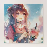 Cute Anime Girl Holding a Boba Tea