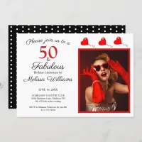 50 and Fabulous Photo Red 50th Birthday Black WH Invitation