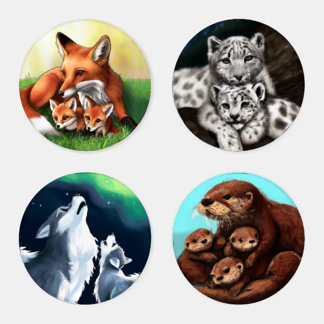 Fox / Snow Leopard / Wolf / Sea Otter Families Coaster Set