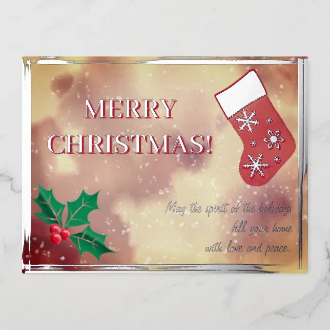 Merry Christmas in silver and red - sock and holly Foil Holiday Postcard