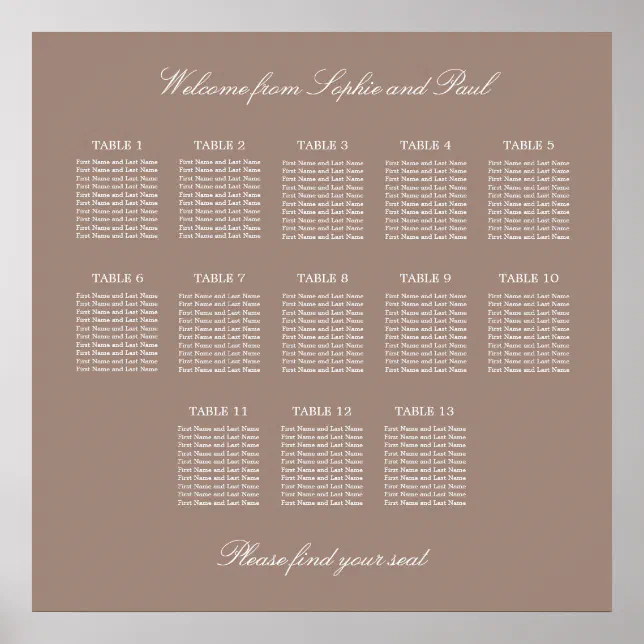 Taupe 13 Table Wedding Seating Chart Poster