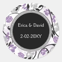 Purple silver floral wedding invitations classic round sticker