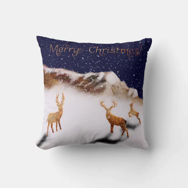 Merry Christmas - wood deers and mountains in snow Throw Pillow