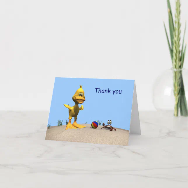 Cute Cartoon Duck and Crab on Beach Thank You Card
