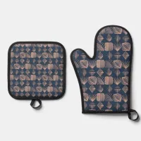 Bold Caribbean Tribal Mudcloth: Navy Blue, Pink Oven Mitt & Pot Holder Set