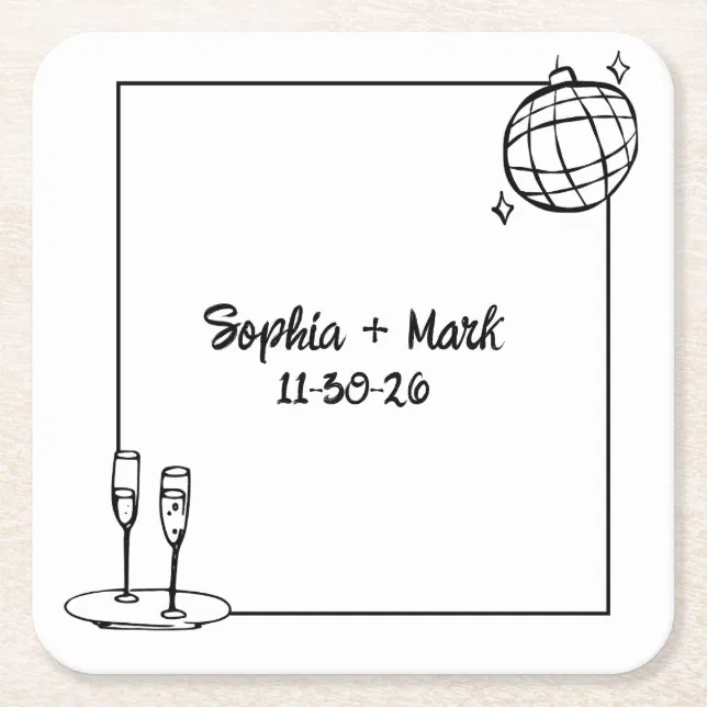Whimsical Handwritten Disco Personalized Wedding  Square Paper Coaster