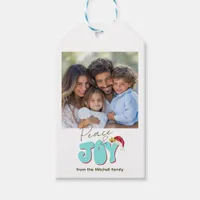 Retro Blue Simple Photo Peace and Joy Christmas Gift Tags