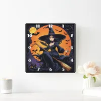 A witch rides her broom beneath a harvest moon square wall clock