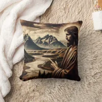 Jesus Pointing Towards Majestic Mountain Landscape Throw Pillow