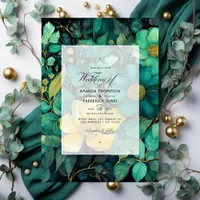 Emerald Green, Gold and Black Floral Wedding Invitation