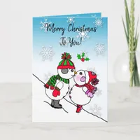 Kissing Snowman and Snowwoman under the Mistletoe Card