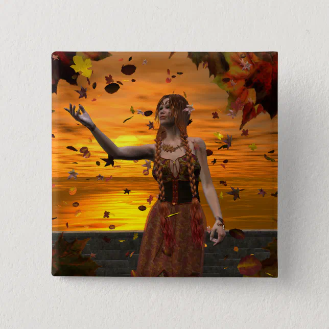 Elf in Falling Leaves Against an Autumn Sunset Pinback Button