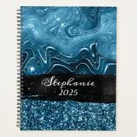 Marbled Ocean Blue Glitter Glam Black Brush Stroke Planner