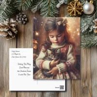 Sweet Little Girl and Kitten Christmas Postcard