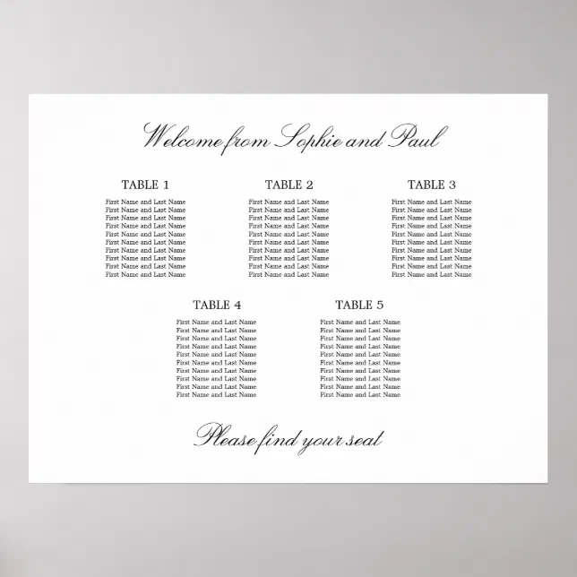 5 Table Elegant Minimalist Seating Chart