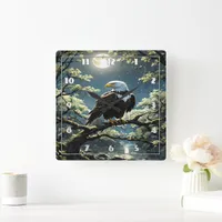 Eagle Perched on Branch Under Moonlit Sky Square Wall Clock