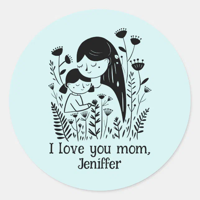Cute Mother & Daughter Hugging Mother's Day Blue Classic Round Sticker
