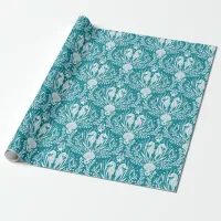 Seahorses Damask Pattern Teal Blue and White Wrapping Paper