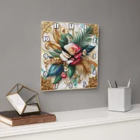 Roses With Gold Leaves on Marble Square Wall Clock