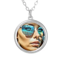 Pretty Woman with Reflection of Beach Sunglasses Silver Plated Necklace