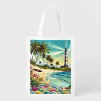 Pretty Comic Book Style Tropical Paradise Grocery Bag