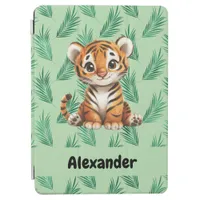 Cute Cartoon Tiger on Tropical Leaves