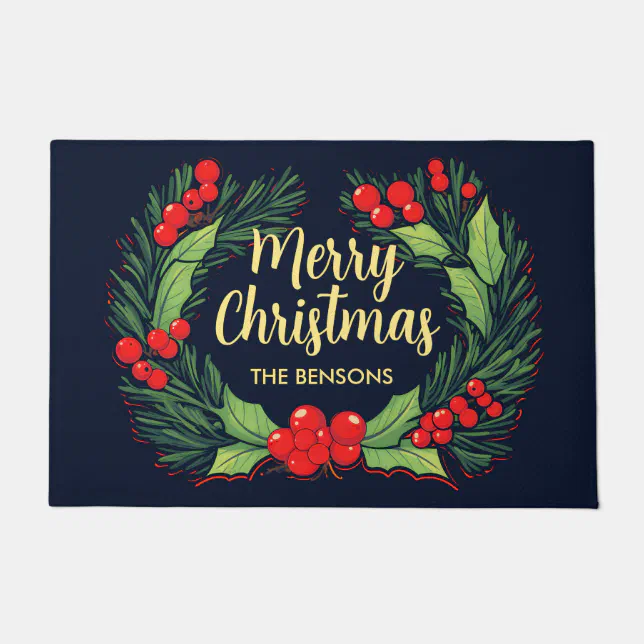 Merry Christmas Wreath Blue & Green Doormat