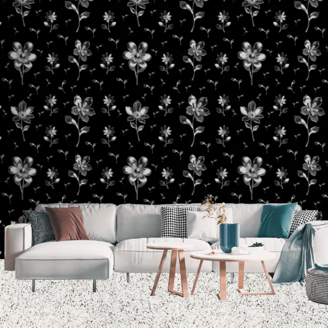 Modern Metallic Flowers Black And White Floral Wallpaper