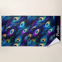 Glamorous Peacock Feather Blue Beach Towel