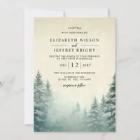 Rustic Watercolor Pine Forest Winter Wedding Invitation