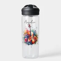 Watercolor Cello and Flowers Personalized Water Bottle