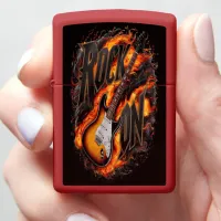 Flaming electric guitar with bold text zippo lighter