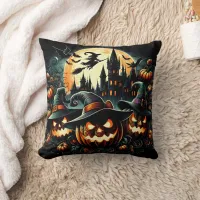 Glowing pumpkins under the full moon throw pillow