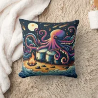 Octopus Playing Drums by the Campfire Under Stars Throw Pillow