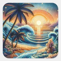 Mosaic Ai Art | Ocean Sunset and Palm Trees Square Sticker