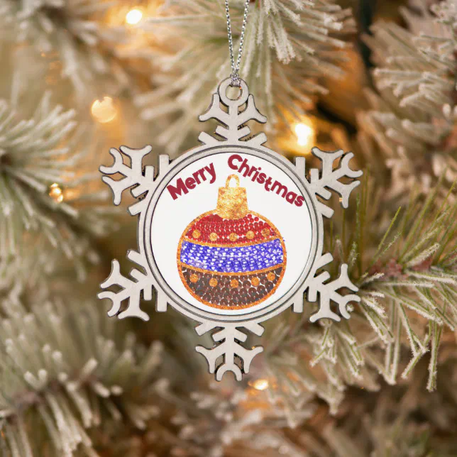 Merry Christmas - shining bauble with sequins Snowflake Pewter Christmas Ornament