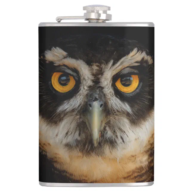 Mesmerizing Golden Eyes of a Spectacled Owl Hip Flask