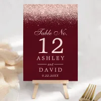 Rose Gold Confetti Burgundy Modern Wedding Table Number