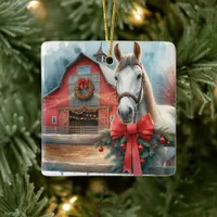 White Horse Festive Farm Christmas Personalized Ceramic Ornament