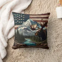 Moose With Mountains and Flag Background Throw Pillow