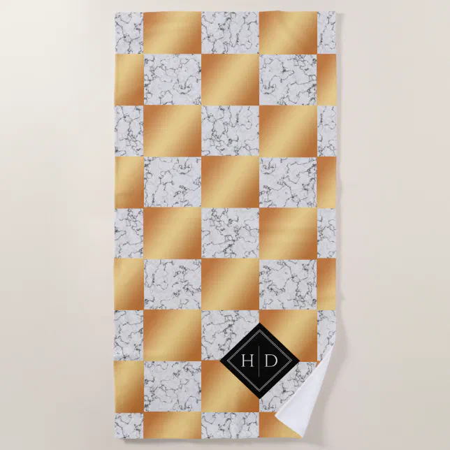 Elegant Marble & Copper Foil Monogram Wedding Beach Towel