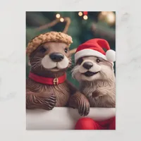 Adorable Festive Christmas Otters Postcard