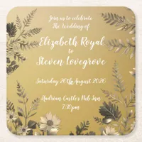 Gold Clear & Simple Light Floral Design Wedding Square Paper Coaster