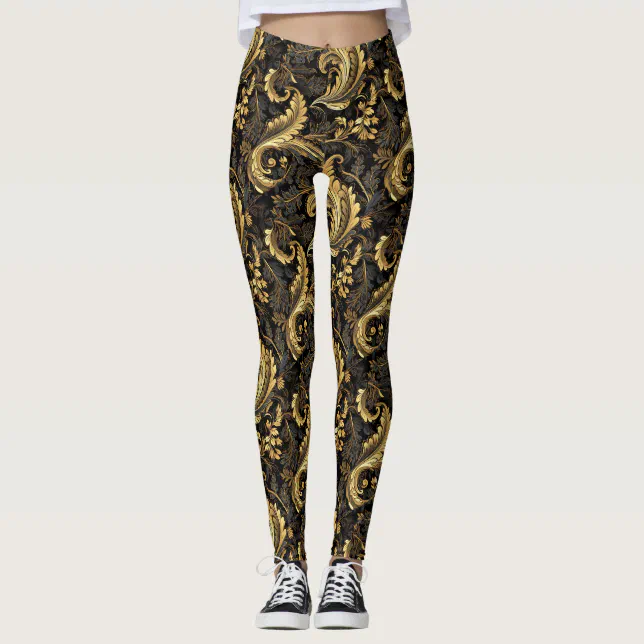 Vintage Golden Floral Leaves Leggings