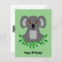 Cute koala with eucalyptus kids birthday postcard