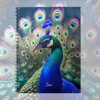 Gorgeous peacock with teal and gold plumage notebook