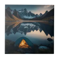 Tent, Mountains and Lake Camping Themed Art Ceramic Tile