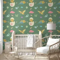 Cute Baby Dinosaurs Pink Clouds & Green Nursery Wallpaper